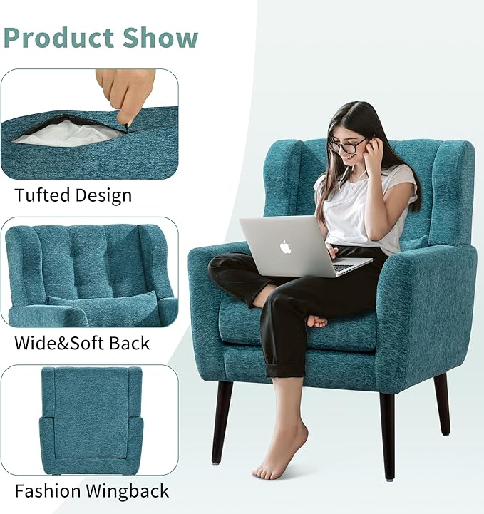 CHSICFOR Modern Accent Chair, Upholstered Arm Chair with Waist Pillow, Single Sofa Chair for Living Room Bedroom Small Spaces (Teal)