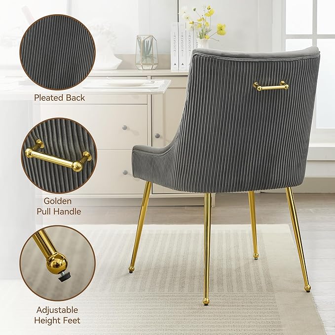 WUTUTUEE Velvet Dining Chairs Set of 4 Gold Legs,Upholstered Velvet Accent Chairs, Pleated Back Design & Gold Pull Handle, Mid Century Modern Chairs for Dining/Kitchen/Living Room,Light Grey