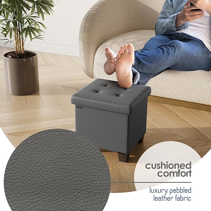 Storage Ottoman Cube with Small Bin, 16-in Square Ottoman with Storage for Living Room and Bedroom, Small Ottomans Foot Rest, Faux Leather Foot Stools Ottomans Max 330lbs, Grey