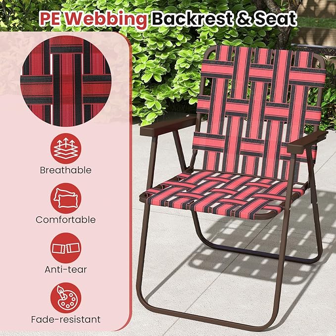 GYMAX Lawn Chair Folding, Webbed Beach Lounge Chairs Set with Highback, Outdoor Portable Lightweight Camping Dinning Chair for Patio, Lawn, Poolside, Sports, Garden, Backyard (6,Red)