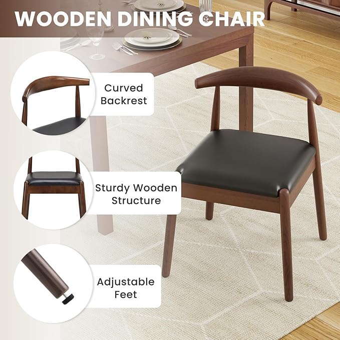 Farini Mid Century Modern Dining Chairs Set of 4, Solid Wood Frame Kitchen Chairs with PU Leather Upholstered Seat for Dining Room & Breakfast Nook，Walnut-Black