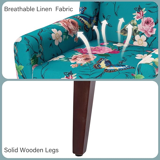 DREAMSIDEA Accent Chair, Modern Linen Blend Arm Chair for Living Room, Bedroom, Comfy High-Resilient Sponge Reading Chair for Small Spaces (Pattern Floral Blue, Set of 2)