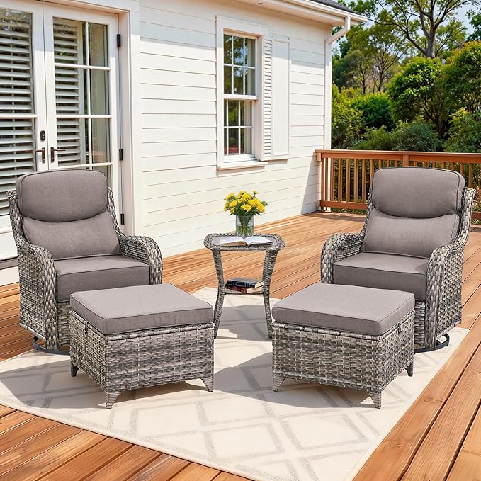 Pugire Luxury Outdoor Swivel Rocker Patio Chairs Set of 5, High Back Swivel Patio Chairs with Side Table & 6" Thick Cushions, Ottomans, Wicker Outdoor Bistro Set for Porch, Yard, Deck, Poolside, Grey