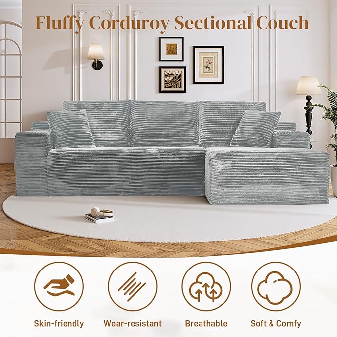 108" Boneless Cloud Sectional Couches for Living Room, Comfy Fluffy L Shaped Memory Foam Deep Seat Boneless Couch, Modular Sectional Sofa with Right Facing Chaise, Grey