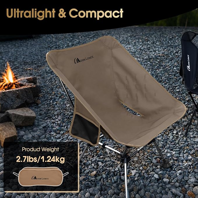 MOON LENCE Camping Chair Plus, Upgraded Comfort & Size, Still Compact and Lightweight, Folding Portable Chair for Backpacking & Hiking, 400Lbs Capacity, Gen 3 Plus (Khaki with Groundgrip Feet (Plus))