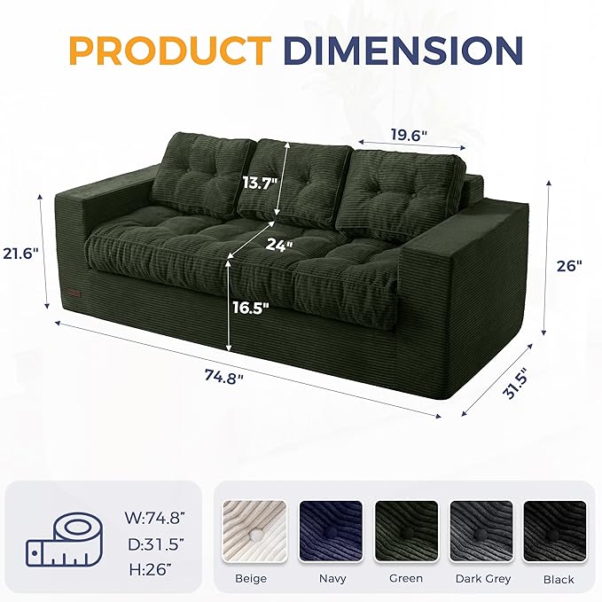 MAXYOYO 3-Seater Boneless Sofa Couch, Tufted Corded Sofa Lounge for Living Room, Comfy Bean Bag Chair High-Density Foam Couch with Pillows, No Assembly Required