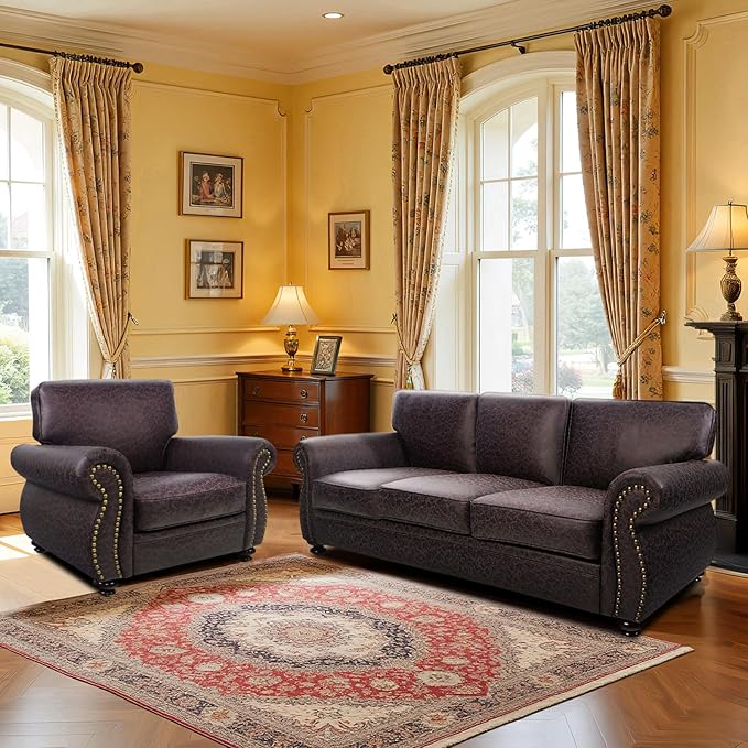 Couchus Living Room Furniture Sets,Sofa Sets and Couch Sets for Living Room,Mid-Century Vintage Sofa Couches with Rivet Design (Brown, Single+3 Seater)
