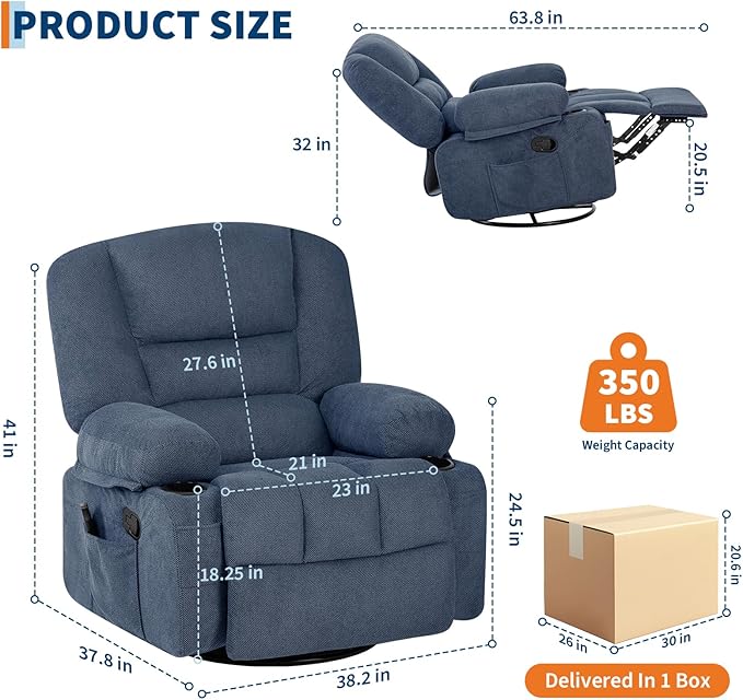 Rocker Recliner Chairs for Adults w/Vibration Massage and Heating,360° Swivel Rocker Glider Recliner,Extra Wide Manual Lazy Chair,Chenille Fabric Sofa Chair for Living Room,Bedroom,Blue