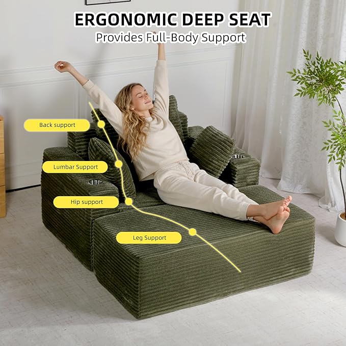 54" W Oversized Chaise Lounge Chair Indoor, Boneless Chaise Lounge Couch, Convertible Comfy Reading Chairs, Corduroy Sleeper Couch Chair for Living Room, Compression Sofa with Ottoman, Green
