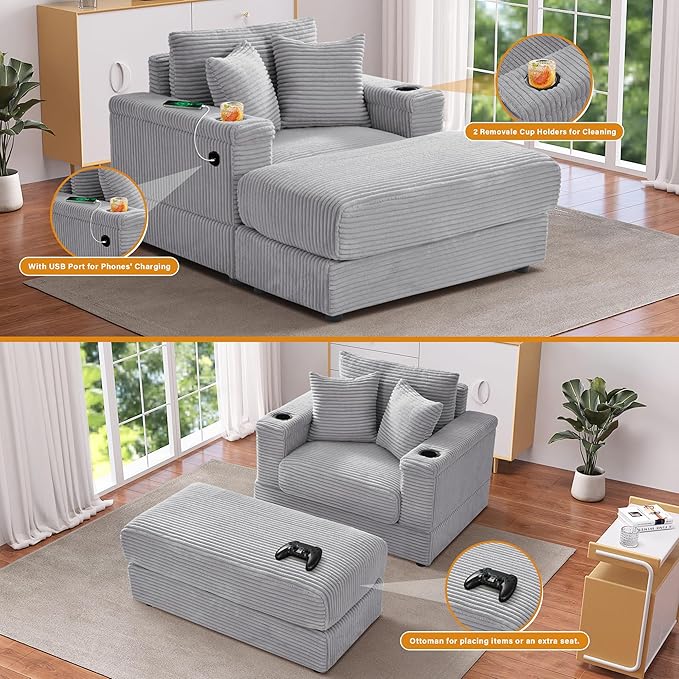 Oversized Chaise Lounge Chair Indoor with Adjustable Backrest, USB, Cup Holder & Ottoman, Firm Solid Wood Frame with Long Service Life Corduroy Oversized Lounge Reading Chair for Study Room - Grey