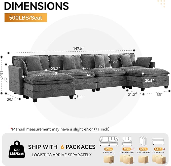 147'' Sectional Cloud Deep Seat Couch, Oversized Chenille U Shaped Sectional Sofa for Living Room Set, Comfy Upholstered Modular Sectional Sofa Couch with Movable Ottoman, Grey