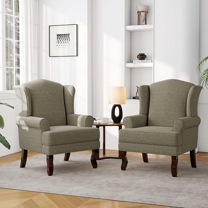 DREAMSIDEA Accent Chair, High Back Upholstered Armchair with High Resilience Sponge & Wood Legs, Mid-Century Modern Comfy Single Sofa Reading Chairs for Living Room, Bedroom (Light Camel, Set of 2)