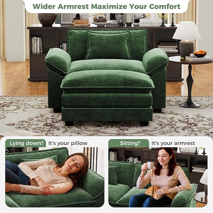 CDCASA 50'' Oversized Chair with Movable Ottoman, Chenille Comfy Cloud Sofa Accent Chair w/Large Seat and Armrests, Modern Extra Wide Armchair Reading Chairs for Living Room, DIY Combination, Green