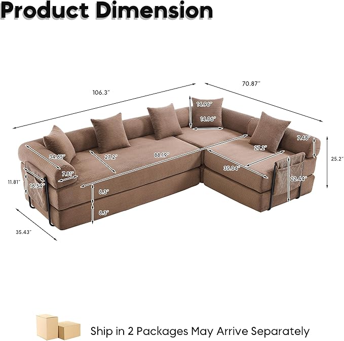 L Shape Convertible Sofa Bed with Cylindrical Pillow and Storage Pocket, Convertible Sofa Couch Bed with Support Frame for Living Room Bedroom Children Room-Brown