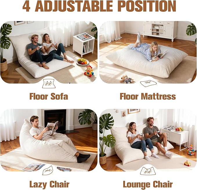 nalone 4-in-1 Giant Bean Bag Chair for Adults, 6.4 FT Memory Foam Filled Beanbag Chair, Floor Sofa Bed with Fluffy Washable Flannel Cover, Lounge Couch for Bedroom, Living Room (White)