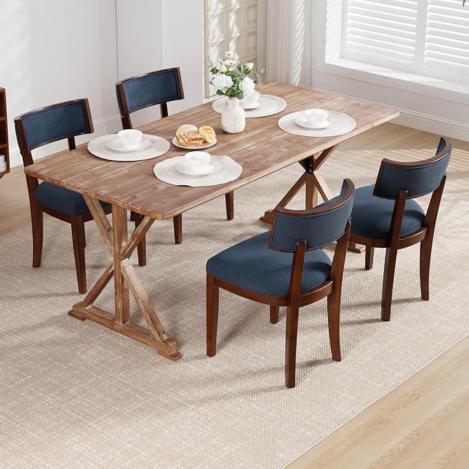 DM Furniture Upholstered Dining Chairs Set of 2 Farmhouse Kitchen Chairs with Solid Wood Legs Comfy Linen Accent Chair Modern Armless Side Chair for Dining/Living Room/Restaurant, Space Saving, Blue