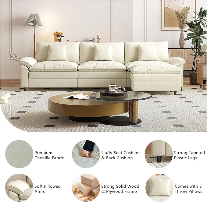 Aoowow Modular Sectional Sofa Modern Convertible L Shaped Couch,118.9 Inch Deep 3-Seater Sofas Set Comfy Chenille Cloud Sofas and Couches with Movable Ottoman for Living Room Apartment(Beige)