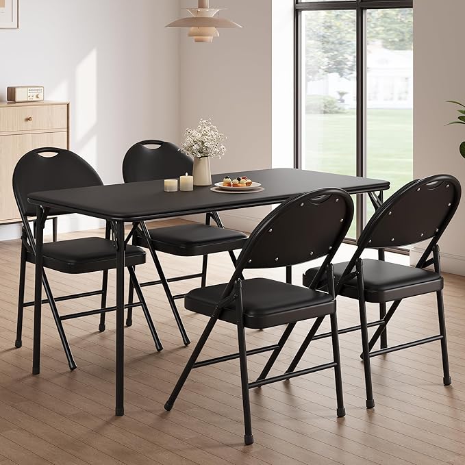 GAOMON 4 Pack Folding Card Chairs, Thickened Padded PU Cushion, Metal Legs and Non-Slip Feet Pads, Portable Stackable Commercial Seat for Events, Office, Wedding, Party, Black