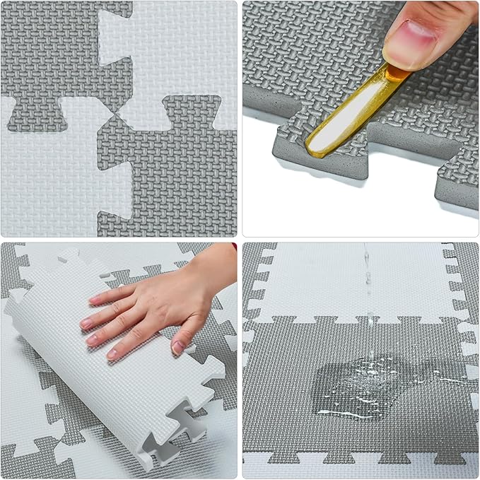 qqpp EVA Rubber 18 Tiles Interlocking Puzzle Foam Floor Mats - Baby Play Mat for Playing | Exercise Mat for Home Workout. White, Beige. QC-AJb18N