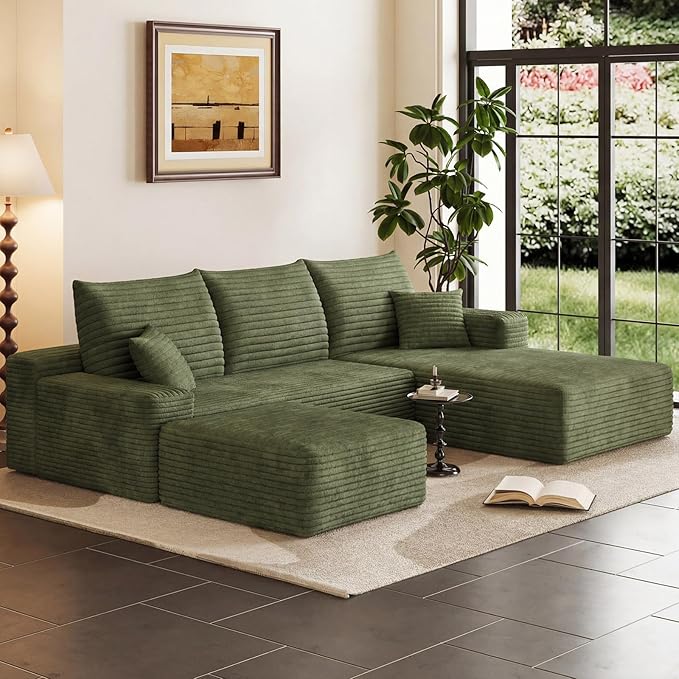 95" Cloud Sectional Couch with Ottoman,Modern U-Shaped Cloud Couch with Deep Seat,Comfy Corduroy 3-Seater Sofa,Memory Foam Sofa for Living Room,No Assembly (Green,Right-Facing Chaise)