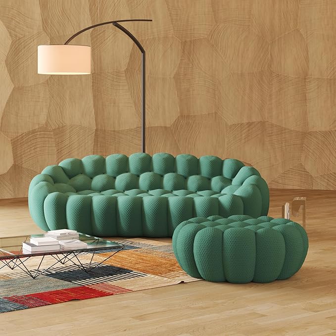 JACH Bubble Sofa with Ottoman, Curved Couch, Comfy Upholstered Sofa, Mesh Fabric 3D Honeycomb Shape Modern Couch for Living Room, Office, Apartment, Small Space (Green)