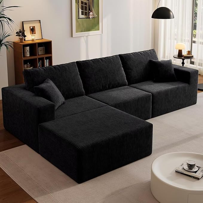 110" Boneless Cloud Sectional Sofa, Modular L-Shaped Couch with Deep Seats, Compressed Frameless Corduroy Sofa in Boxes, No Assembly Required, 3-Seater Left-Facing Chaise, Black
