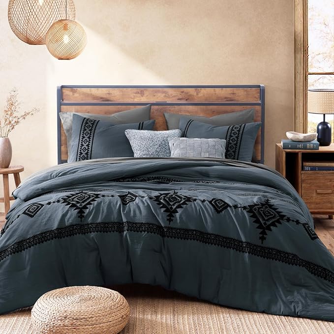 MaiRêve California King Comforter Set Blue Grey, Embroidery Western Bedding Set Boho 7 Pieces, Farmhouse All-Season Bed in A Bag with Sheets, Pillowcases & Shams