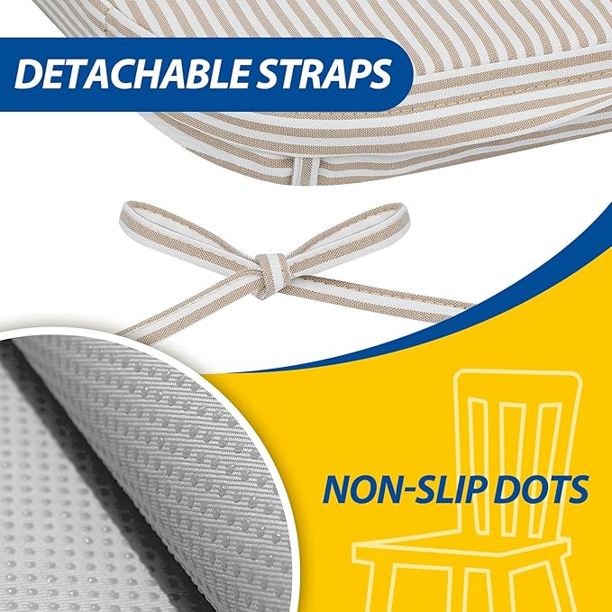 AAAAAcessories D-Shaped Chair Cushions, 17" x 16", Set of 4, 2" Thick Dining Chair Pads with Ties and Removable, Machine-Washable Cover, Pinstripe Taupe