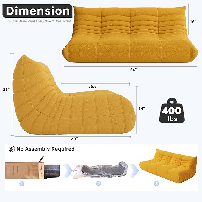 Bean Bag Chairs for Adults, BeanBag Reading Chair Memory Foam Couch 3-Seater, Floor Chair Soft Teddy Material, Comfy Reading Nook Chairs for Bedroom Living Room Office (Yellow)
