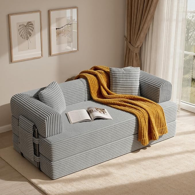 Convertible Coarser Corduroy Sleeper Sofa Bed with Cylindrical Pillow, Folding Mattress Couch with Fixed-Shape Frame, Floor Sofa Lounge Couch for Living Room Bedroom Lounge Studio, Grey