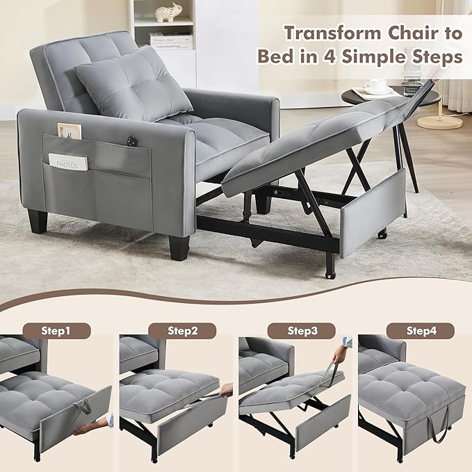 choairy Convertible Sleeper Chair, 3 in 1 Sleeper Chair Bed Pull Out Sofa Bed Chairs, Velvet Single Sofa Beds with Adjustable Backrest for Adults Reading Living Room, Bedroom, Dark Grey