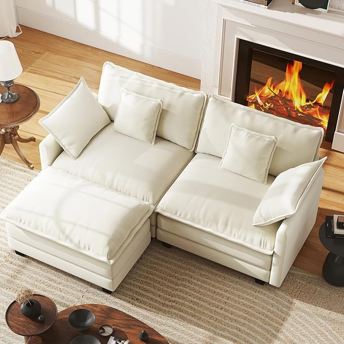 WorthFurni 77 Inch L Shape Cloud Sofa, Modular Sectional Couch with Ottoman, Comfy Chenille Deep Seat Loveseat with Pillow for Living Room Bedroom Apartment （Beige）