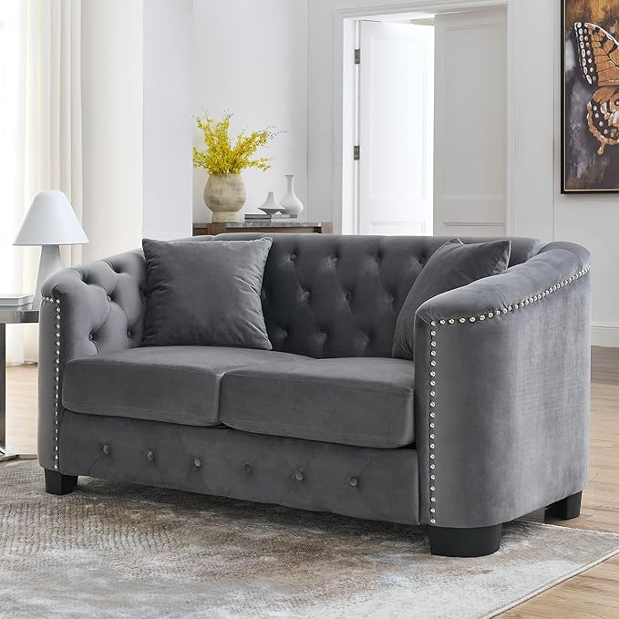 mikibama Modern Chesterfield Velvet Loveseat Sofa, 59 Inch Sectional Sofa, Luxury 2 Seater Upholstered Tufted Couch with Nailhead Arms and 2 Pillows for Living Room, Bedroom, Apartment(Grey)