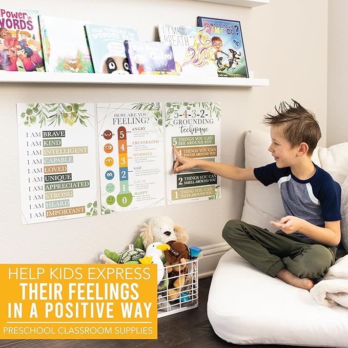 Hadley Designs 8 Calming Corner Posters for Classroom Must Haves for Teachers - 11x17 Calm Down Corner Supplies, Feelings Chart for Kids Ages 4-8, Toddler Emotions Chart, Greenery Classroom Decor