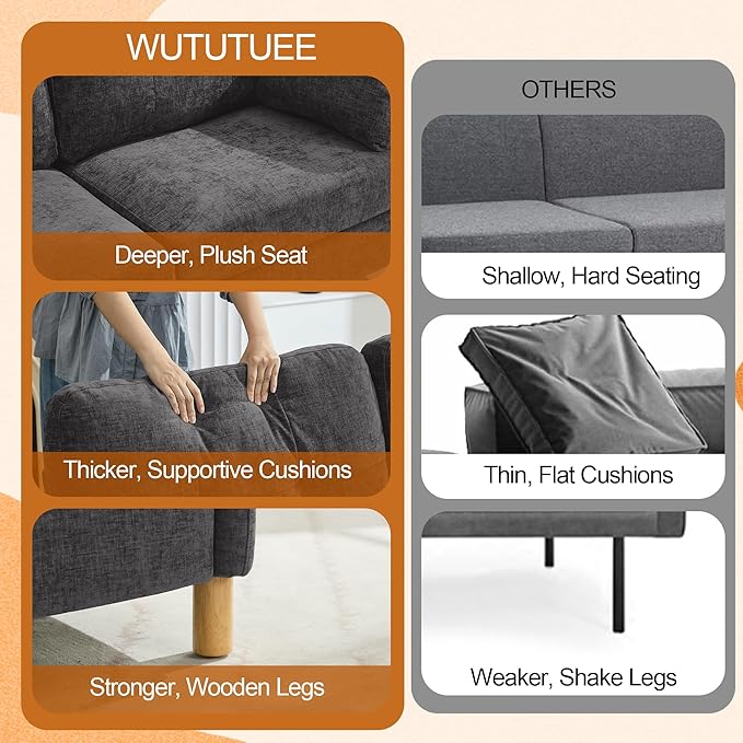 WUTUTUEE 65" Chenille Loveseat Sofa, Modern 2-Seater Love Seat Couch with Armrest Pillows, Storage Pockets, Easy Assembly, Upholstered Tufted Loveseat Couches for Living Room Bedroom, Dark Grey