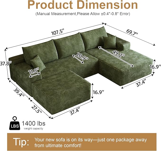 AUGOP 108" Sectional Couches for Living Room Modern Modular Sofa with L-Shape Couchs Upholstered Boneless Couch Deep Seat Sectional Couch with Chaise (Green, Right Facing Chaise+2Seaters+1Ottoman)