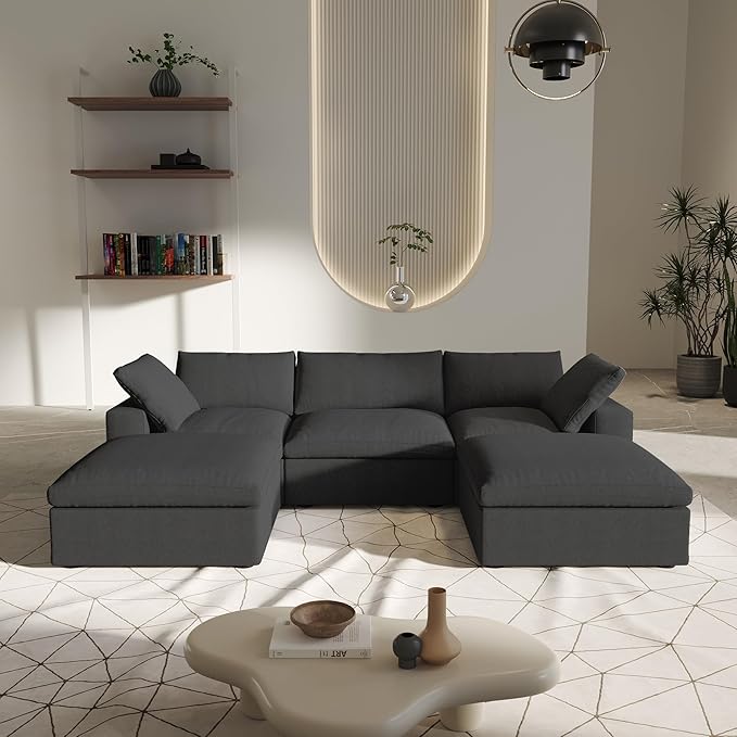 U-Shaped Cloud Sectional Couch, Black Modular Sectional Sofa, Modern Comfy Cloud Sofa with Storage Ottomans, Covers Removable, Convertible Sleeper Couch for Living Room Apartment (Linen Fabric)