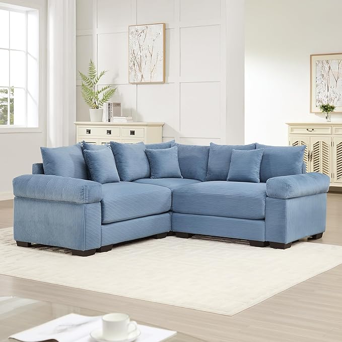 KEIKI 79" L-Shaped Oversized Corduroy Modular Cloud Sectional Sofa with High-Density Foam Cushion, Extra-Thick Armrest, Convertible 3-Seater Fluffy Corner Couch with 10 Pillow, for Living Room, Blue