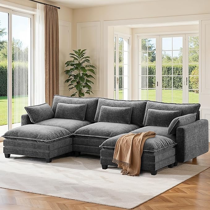 Pipishell 110.6" U-Shaped Modular Sectional Sofa, 5-Seat Modern Chenille Deep Seat Comfy Cloud Couch with 2 Movable Ottoman & Throw Pillows for Living Room, Living Room & Apartment, Dark Grey