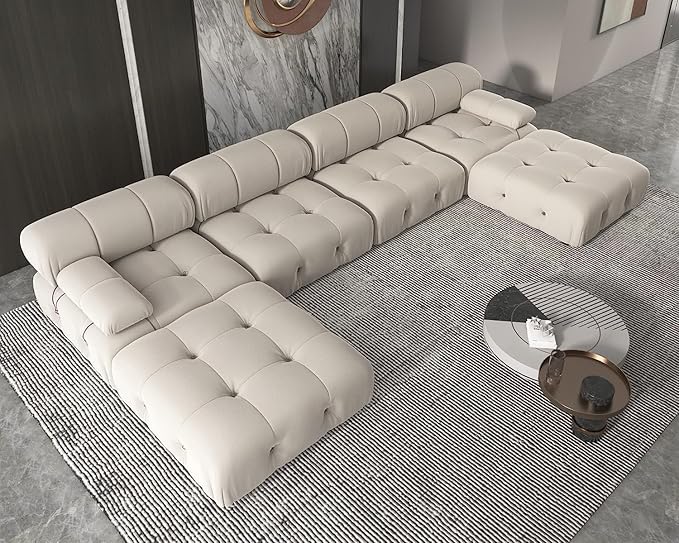JACH 138" Modular Sectional Couch, U-Shaped Minimalist Velvet Sofas with Chaise Ottomans, Convertible Modern Deep 6-Seat Sofas Furniture for Living Room, Apartment (Beige)