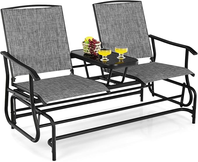 S AFSTAR 2-Person Outdoor Glider, Patio Glider Bench Chairs with Center Tempered Glass Table & Breathable Loveseat, Double Swing Glider Chair for Porch Garden Poolside Balcony Lawn (Gray)