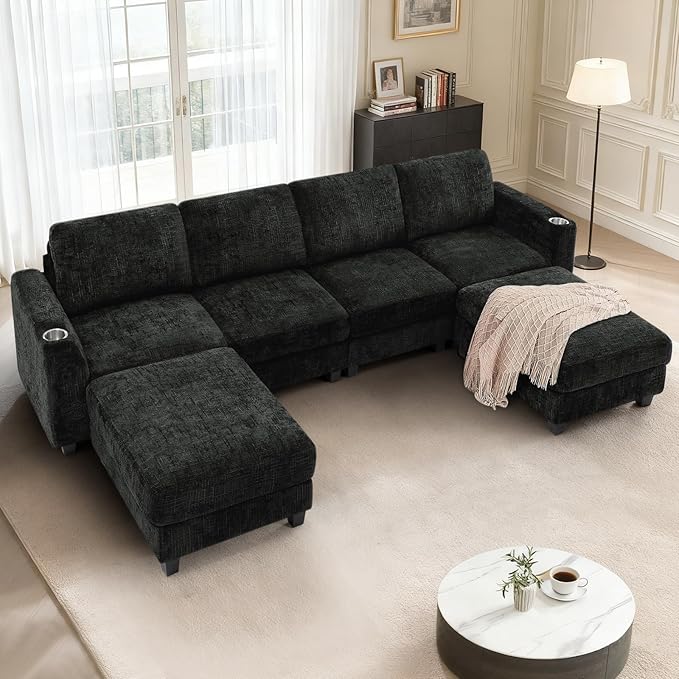 Lesofair 110" Chenille U-Shape Sofa with Flexible Ottomans, Comfy Sectional Sofa with 2 Built-in Cup Holders, Convertible 4 Seats Couch with Well-Filled Back Cushions for Living Room, House, Black