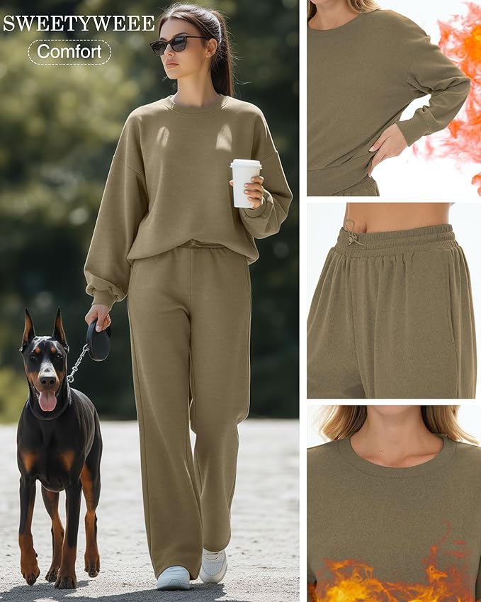 Sweetyweee Women's 2 Piece Outfits Set Fleece Lined Lounge Sweatsuit Crewneck Pullover Top Wide Leg Pants Casual Tracksuit