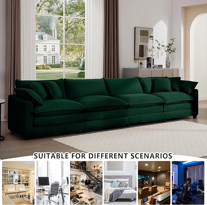 Aoowow Corduroy 4 Seater Sofa Couch,Modern Large Cloud Couches for Living Room,Tufted Modular Sectional Cloud Sofas with Deep Seat,Oversized 4 Seat Sofa Set (Green, 4 Seater)