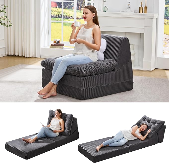 Hobestluk Sofa Couch Folding Sofa Bed Comfy Floor Lounger Convertible Sofa with Removable Cushion Couches for Small Spaces Foldable Mattress for Living Room Bedroom or Office (Cordury Grey, Large)