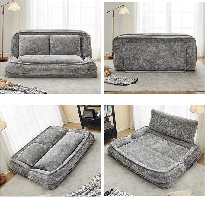 Foldable Lazy Sofa Bed, Chenille Upholstered Human Dog Bed for Adults, 2 in 1 Convertible Floor Sofa with 5 Adjustable Backrest Positions and Soft Cushions for Living Room (Light Gray)