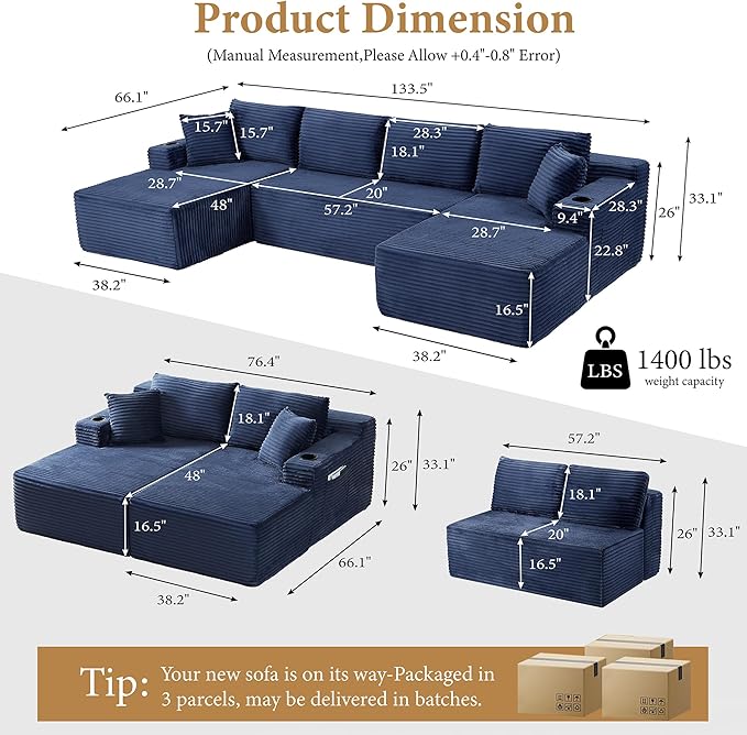 133" Sectional Couches for Living Room Cloud Couch Sofa with L-Shape Upholstered Boneless Couchs Modern Modular Sectional Couch with Chaise (Bule, 133" W+U Facing Chaise)