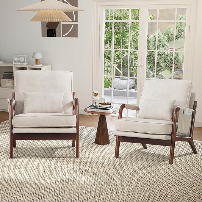 CANMOV Accent Chairs Set of 2, Mid Century Modern Chair with Extra Side Storage Pocket Upholstered Reading Armchair with Waist Cushion, Accent Chair for Living Room Bedroom, Easy Assembly, Beige