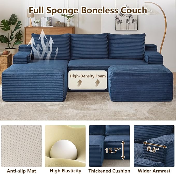 96" U-Shape Cloud Couch, Modern Modular Sectional L-Shape Sofa with Ottoman, Corduroy Upholstered Couches Deep Seat Sleeper Chaise Longue for Living Room, No Assembly Required(Blue, Left Facing)