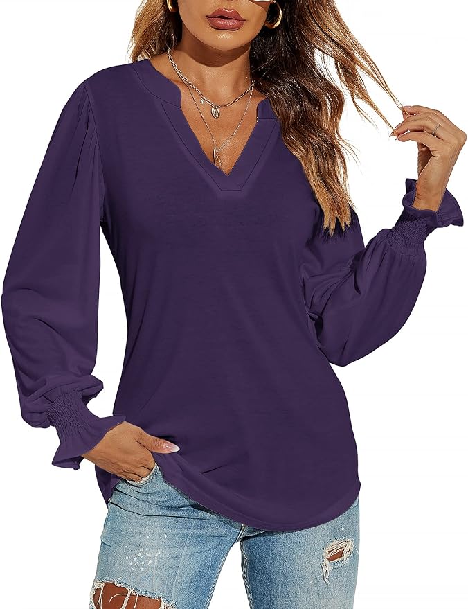Romanstii Women's Casual V-Neck T-Shirts Loose Puff Long Sleeve Tops Tunic Blouses